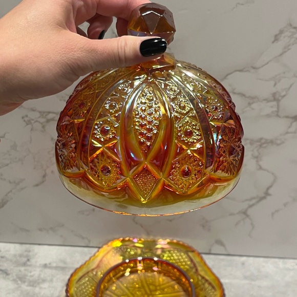 Indiana Glass Co. Iridescent Sunset Carnival Glass Round Butter Dish orange - Picture 12 of 14
